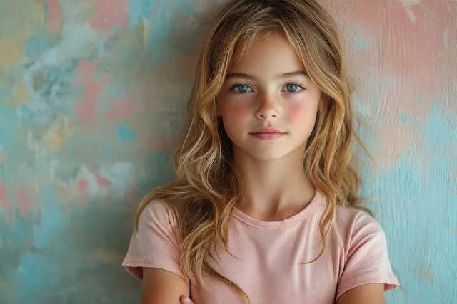 Smiling Indian schoolgirl in a pink uniform standing against a softly textured pastel wall background.