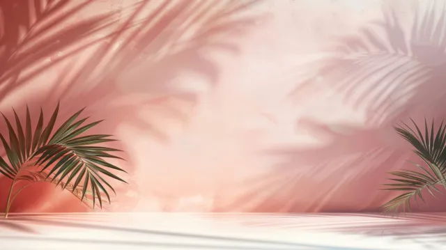 Palm leaf shadows on pastel peach wall with soft sunlit texture
