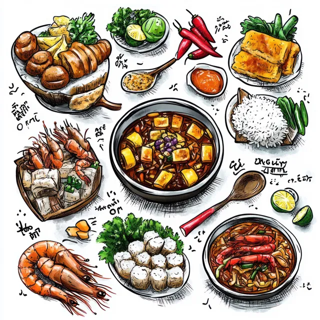 Hand-drawn Thai street food illustration with tom yum and curry bowls, shrimp, som tam, herbs, and snacks on a patterned background.