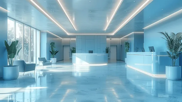 Light blue hospital reception lobby with illuminated ceiling lights, windows, chairs, and potted plants.