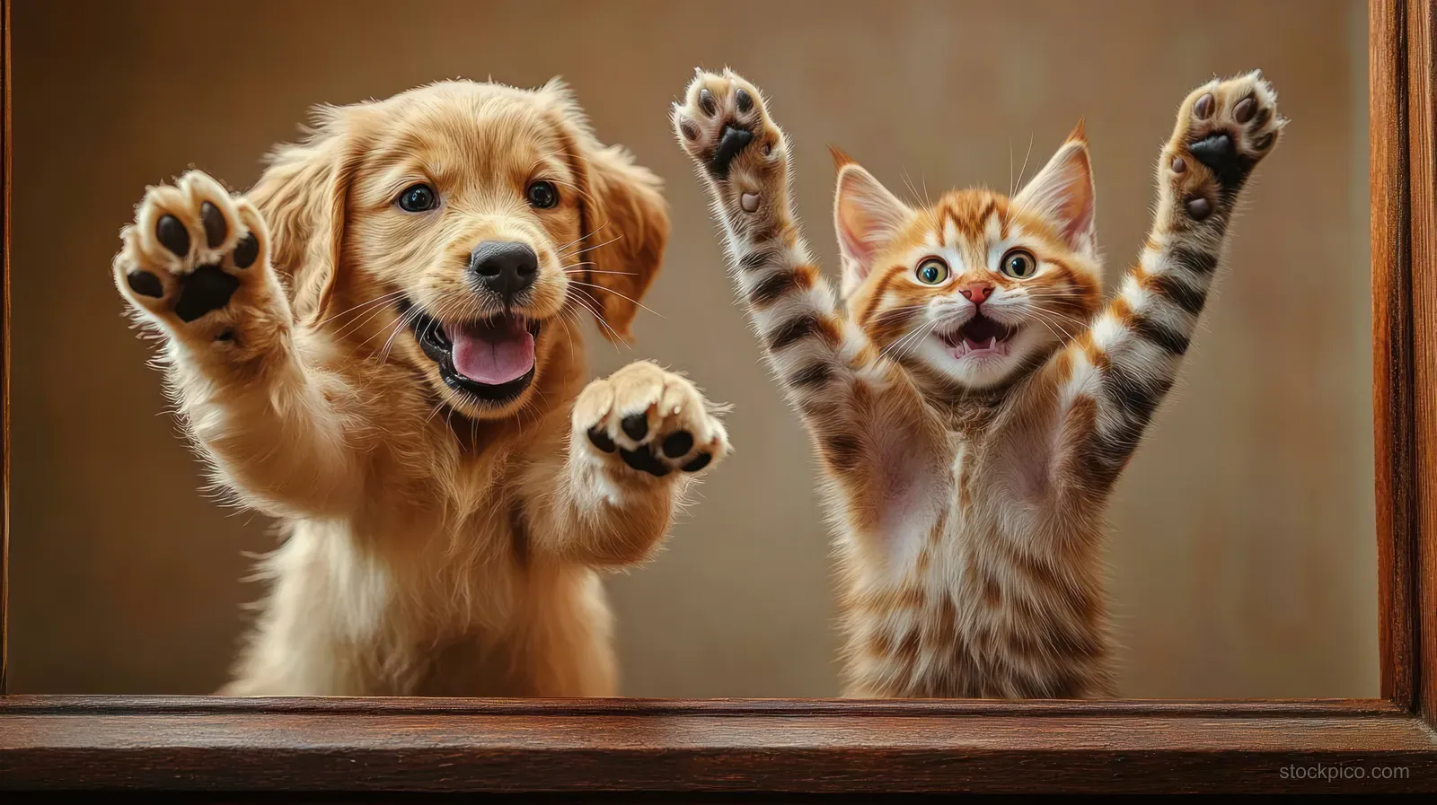 Golden retriever puppy and orange tabby kitten peek through a wooden window with raised paws indoors.