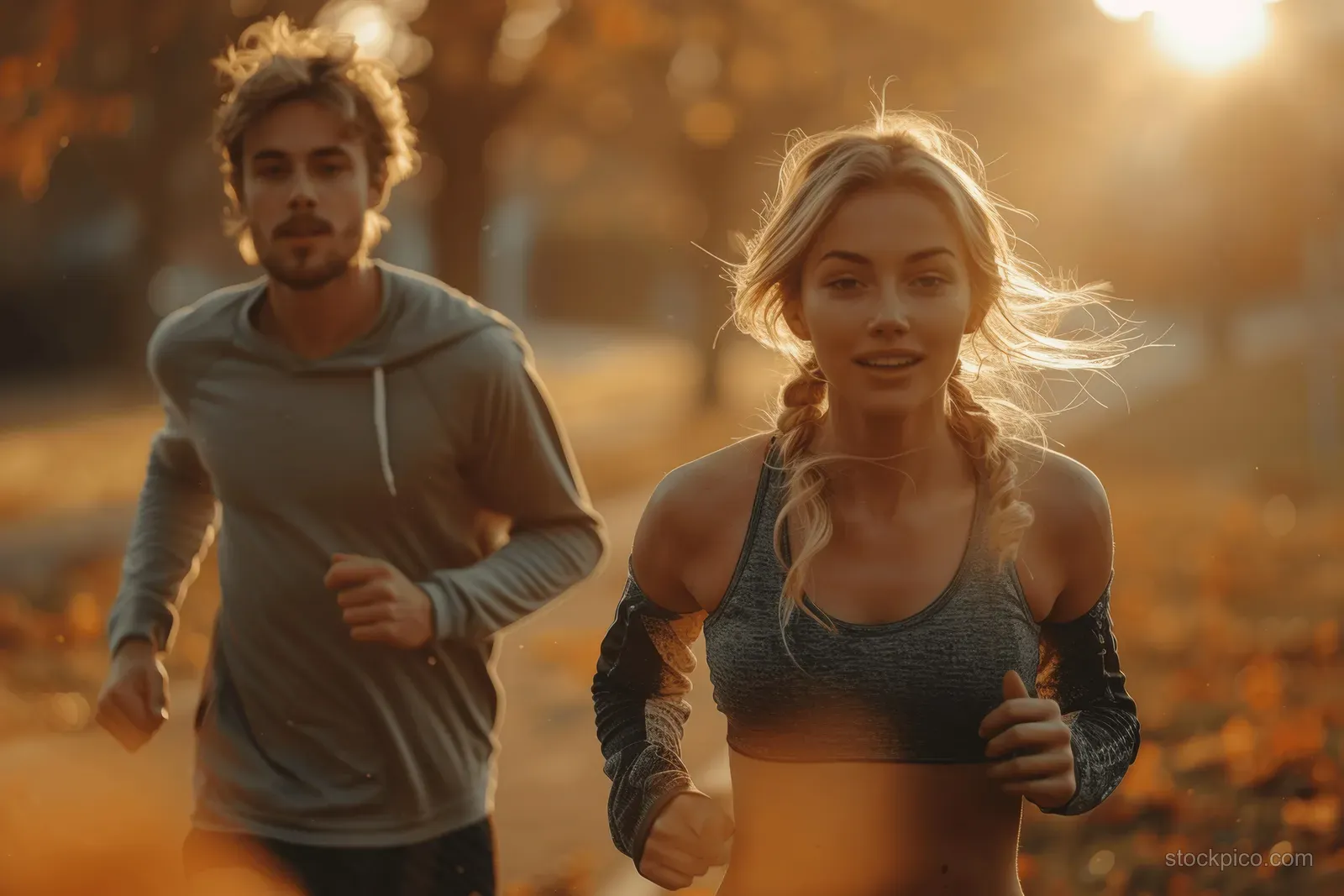 Young couple jogs side by side on a park path at sunrise, illuminated by golden light through trees.