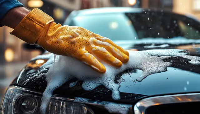 Yellow rubber-gloved hand scrubbing a black car hood with soap foam and water droplets in a bright indoor setting.