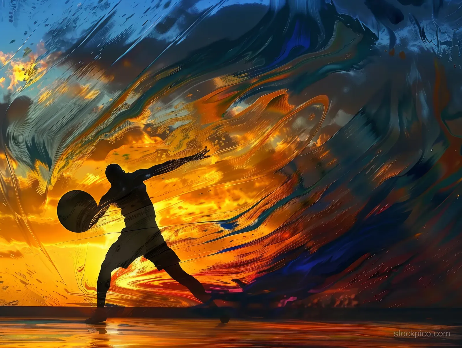 Silhouetted discus thrower captured mid-throw against a vibrant sunset with fiery orange motion trails.