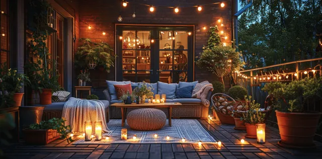 Warm outdoor sofa and lanterns on a rooftop terrace under glowing string lights at dusk during autumn.