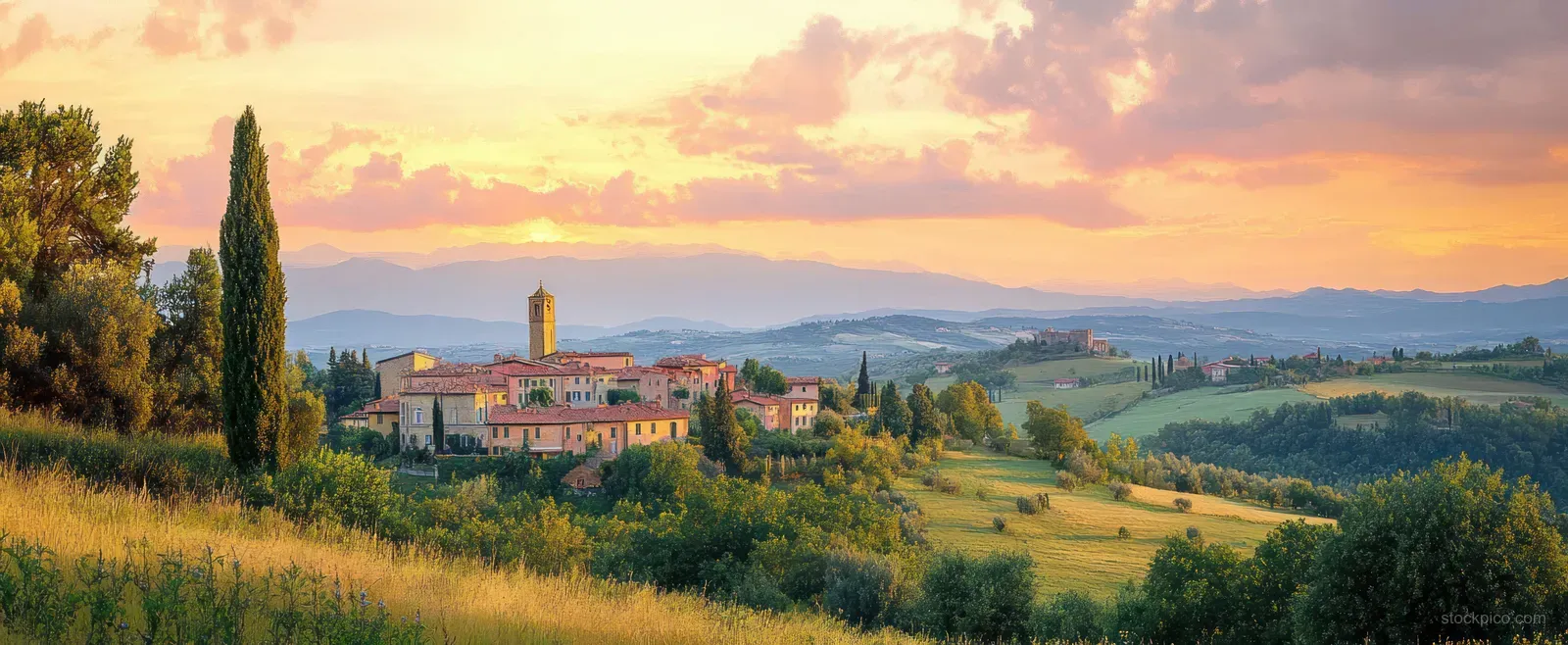 Sunset panorama of a Beaujolais medieval village with church spire over rolling green hills and farmland.