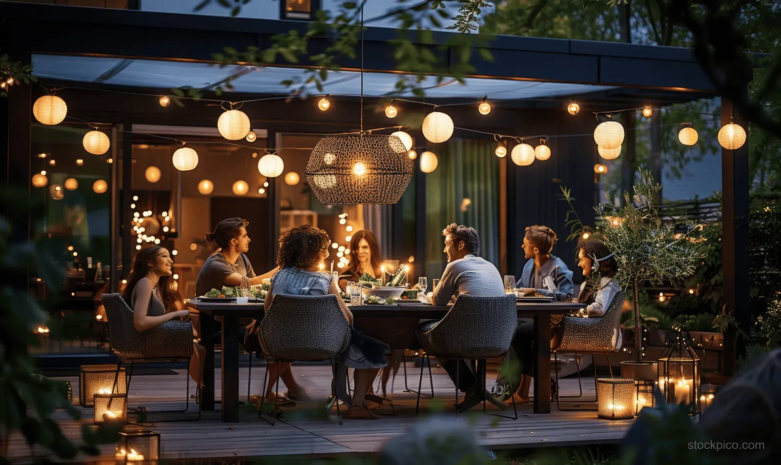 Friends dine together on a terrace at night, surrounded by string lights, lanterns, and candlelit plates.