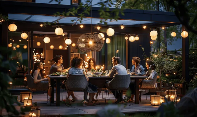 Friends dine together on a terrace at night, surrounded by string lights, lanterns, and candlelit plates.