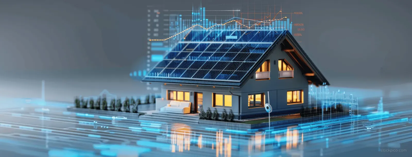 Nighttime solar smart home with glowing roof panels and floating holographic charts showing energy data.