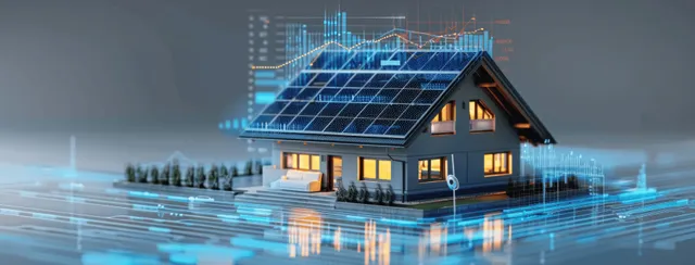 Nighttime solar smart home with glowing roof panels and floating holographic charts showing energy data.