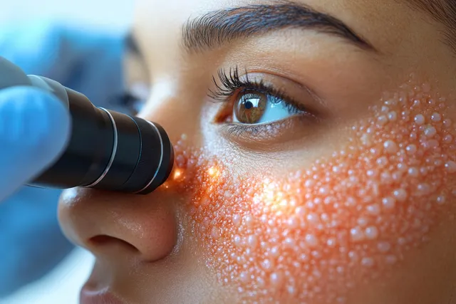Dermatoscope tip examines a patient’s facial mole area while the doctor steadies the instrument.
