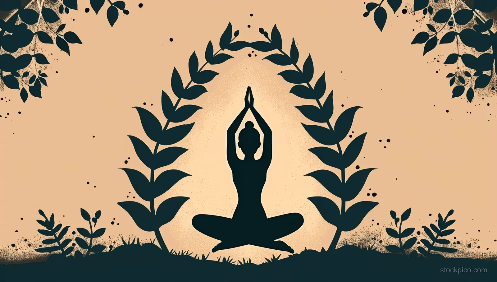 Silhouette person in a warrior yoga pose centered within a laurel leaf arch on a warm vintage background.