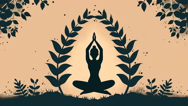 Silhouette person in a warrior yoga pose centered within a laurel leaf arch on a warm vintage background.