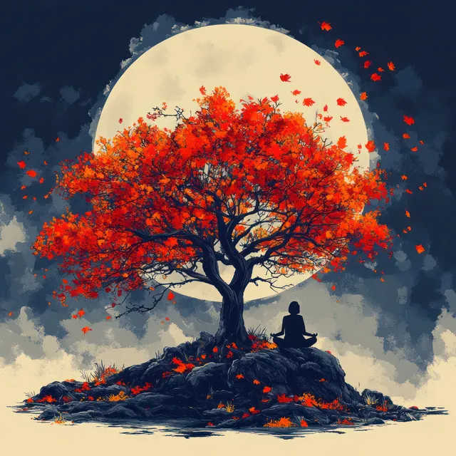 Silhouette of a meditating figure under an autumn tree beneath a large full moon in a night sky.