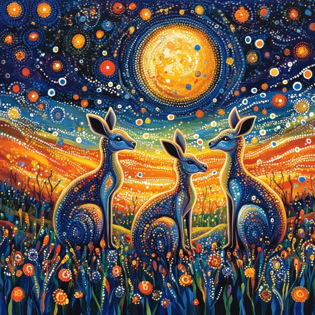 Aboriginal kangaroo artwork beneath a golden moon, filled with dot patterns and starry night blues