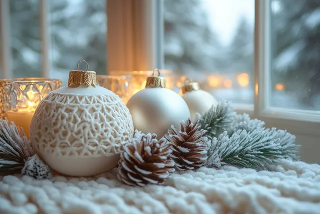 White Christmas ornaments and pinecones rest on a snowy window sill with warm lights outside winter glass.