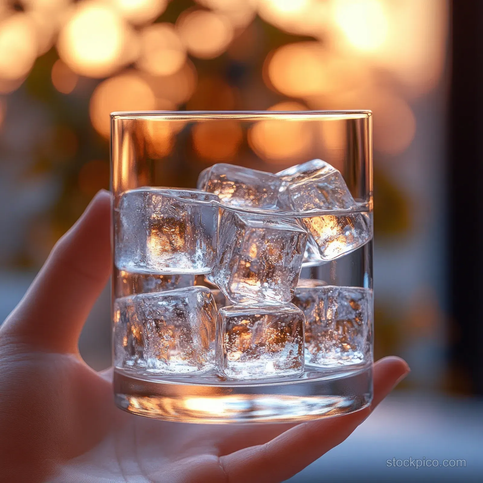 A hand holds a clear glass packed with ice cubes, illuminated by warm sunset bokeh behind it.