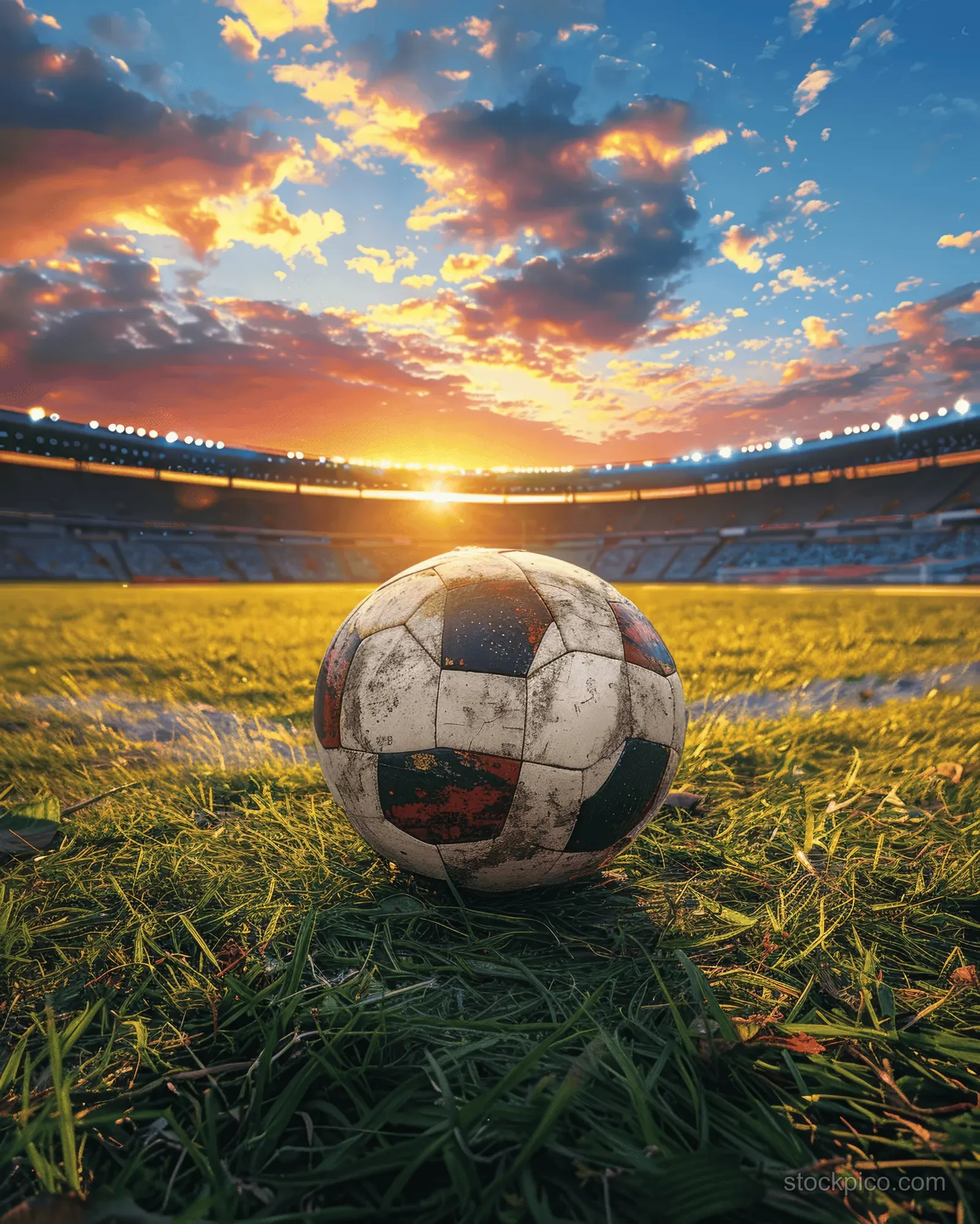 A soccer ball rests on green turf in a stadium at sunset with glowing lights and colorful sky.