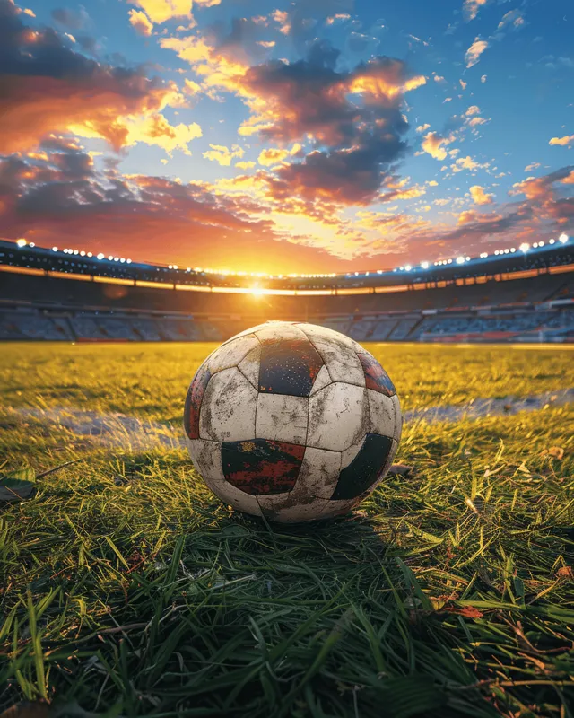 Soccer ball on green stadium turf at sunset, front view with glowing horizon lights