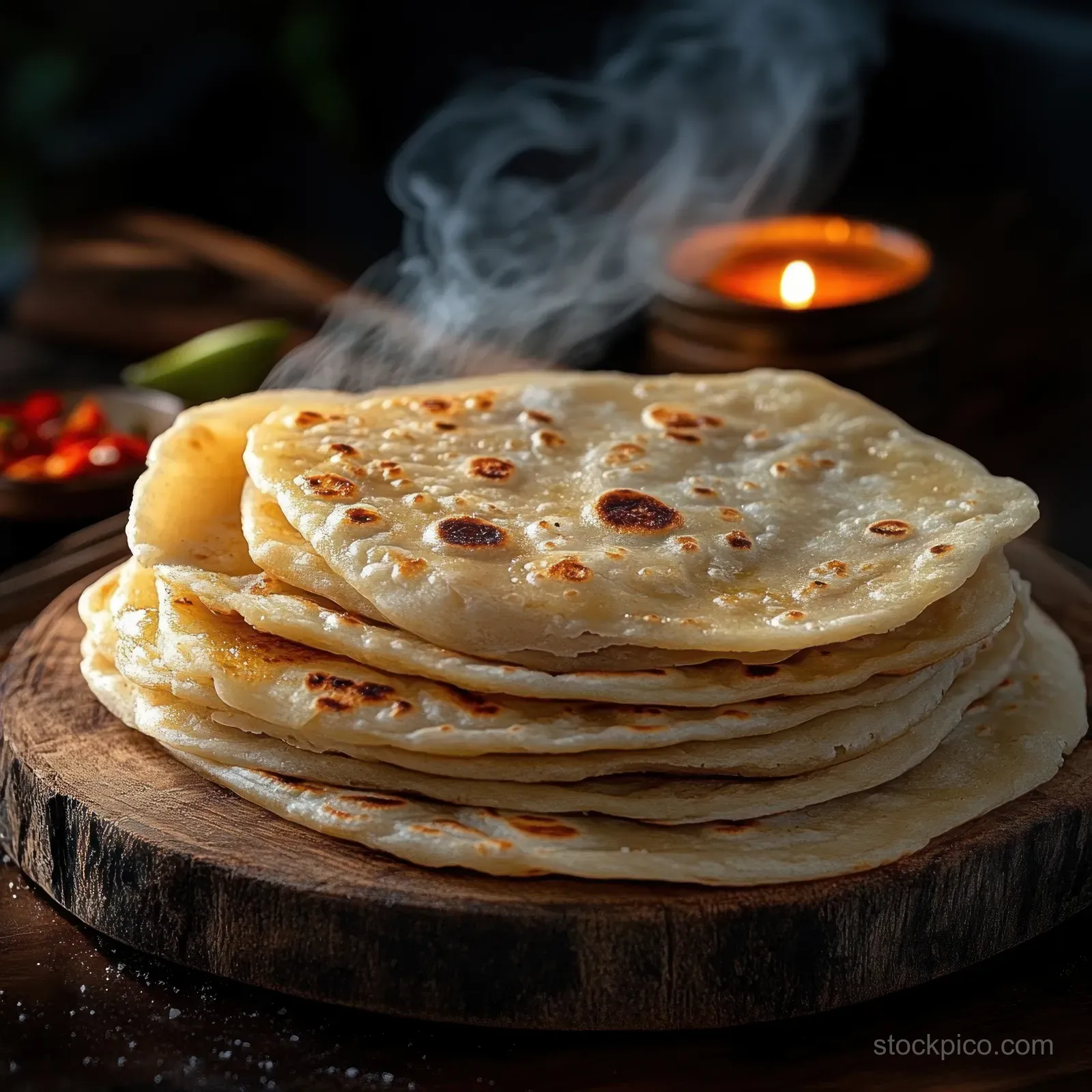 Steaming stack of flatbreads on a rustic wooden board with candlelight and blurred chili peppers behind.