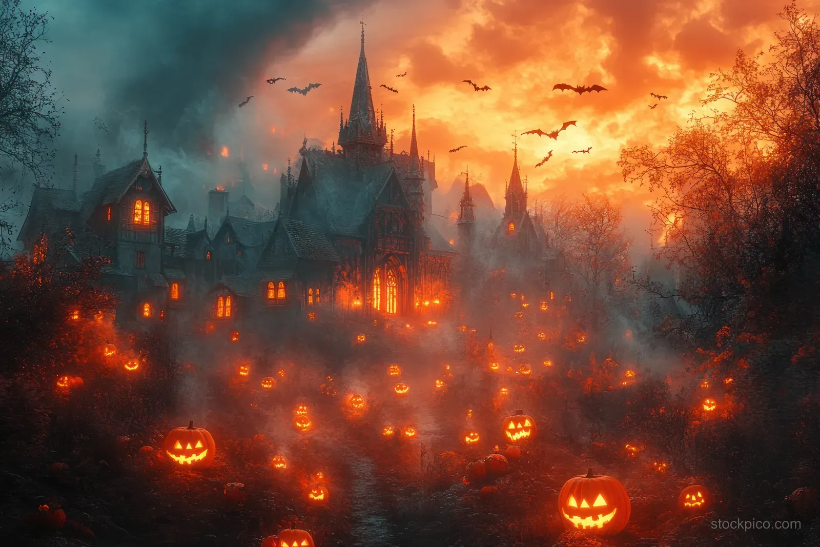 Foggy haunted gothic village with orange jack-o-lantern lights, scattered bats overhead, and a distant spire at night.