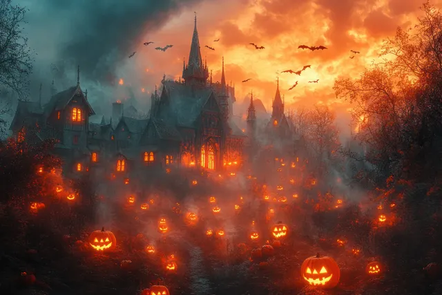 Foggy haunted gothic village with orange jack-o-lantern lights, scattered bats overhead, and a distant spire at night.