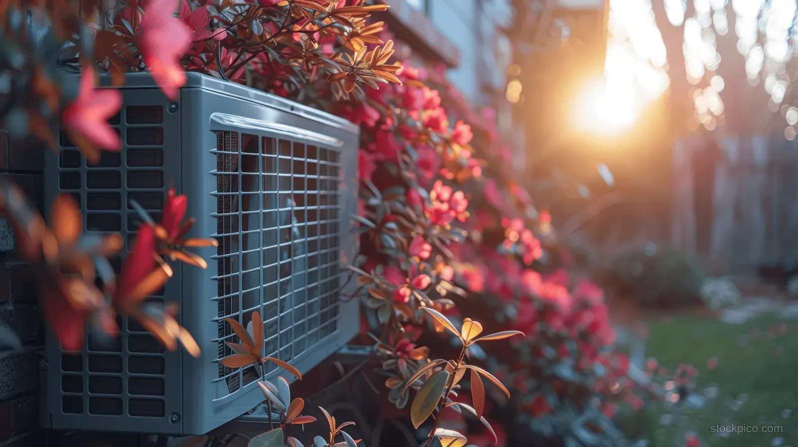 Outdoor heat pump unit with visible fan grille and connected pipes beside flowering shrubs in warm sunlight.