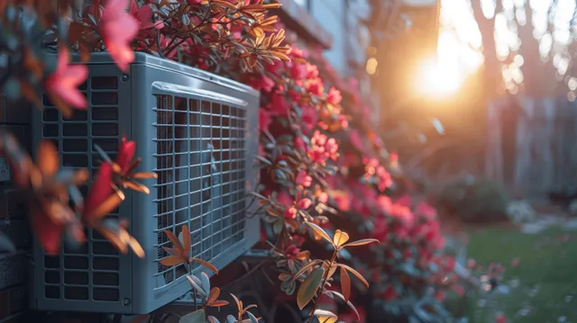 Outdoor heat pump unit with visible fan grille and connected pipes beside flowering shrubs in warm sunlight.