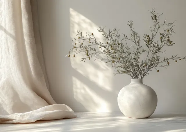 Olive branches in a white vase sit on a neutral tabletop with soft daylight shadows and draped fabric.