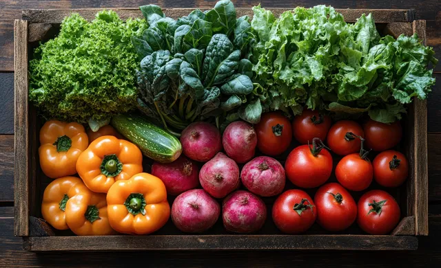 Fresh assorted vegetables including tomatoes, beets, peppers, and leafy greens are packed in a wooden crate.