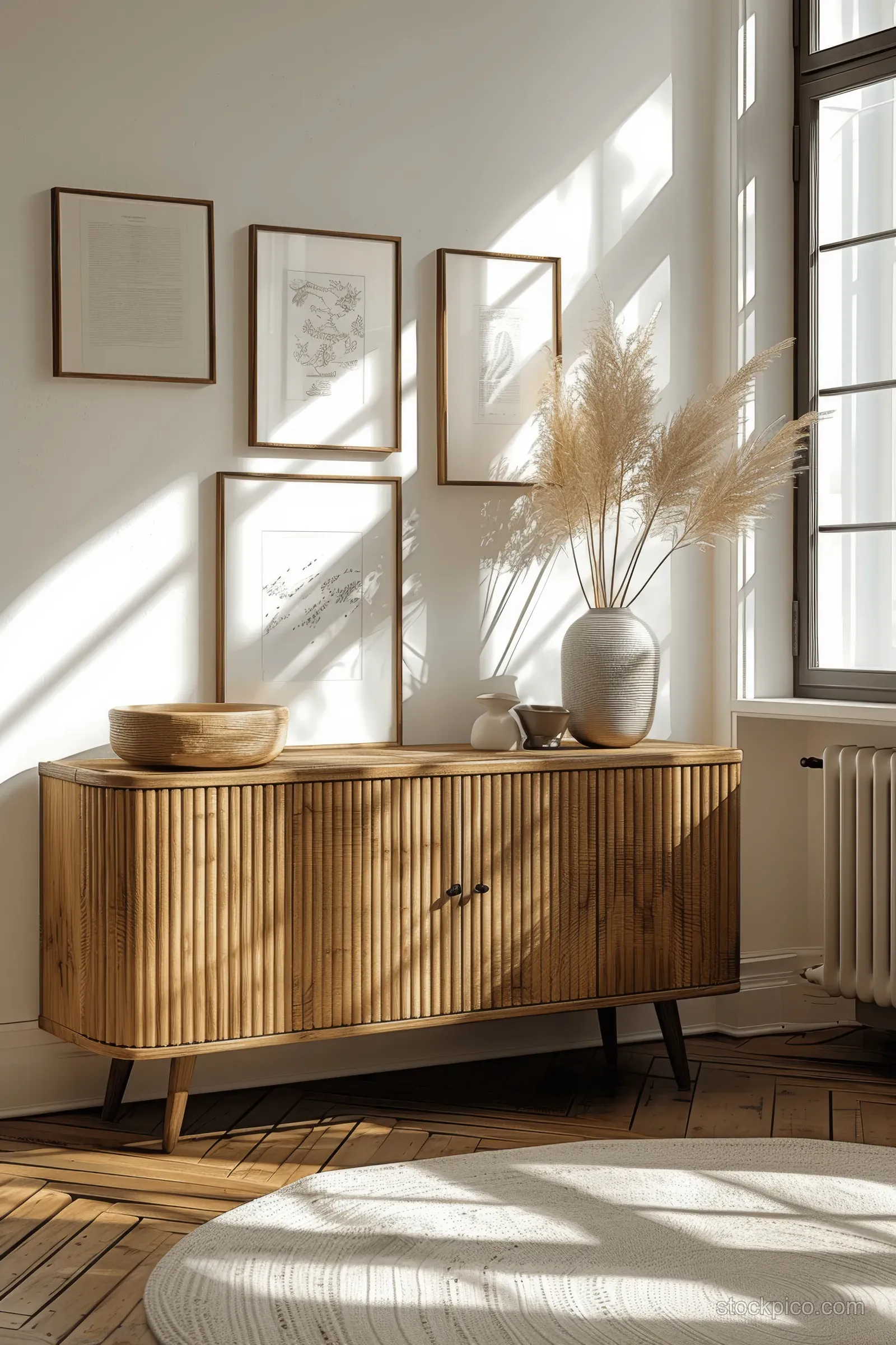 Light wood sideboard beneath three empty frames with a vase and warm sunlight streaming through tall windows.