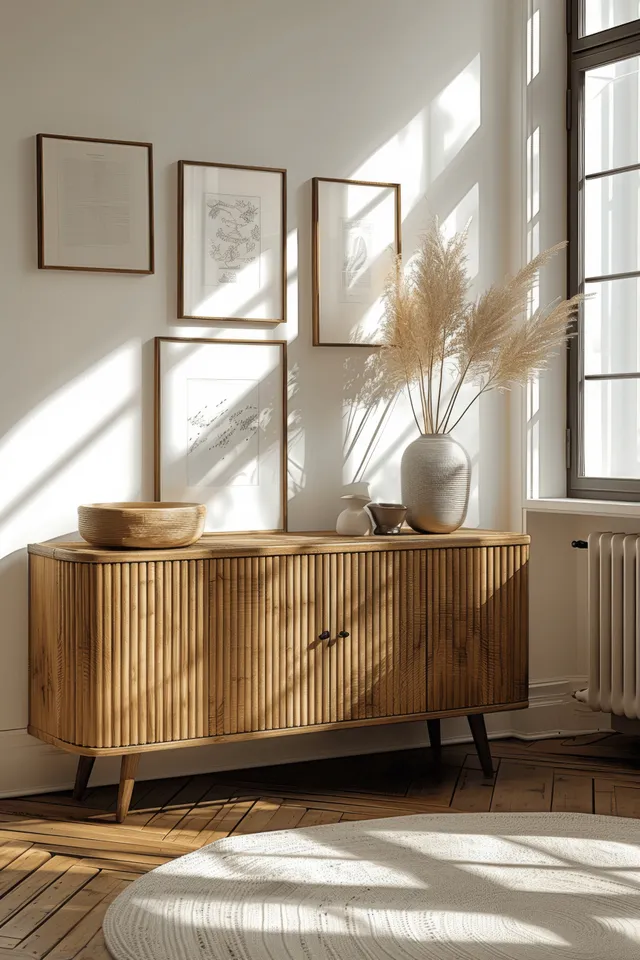 Light wood sideboard beneath three empty frames with a vase and warm sunlight streaming through tall windows.