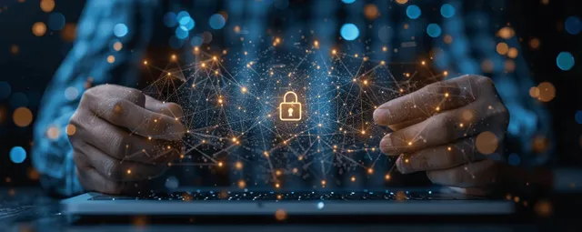 Gloved hands typing passphrase beside glowing lock and cyber network nodes