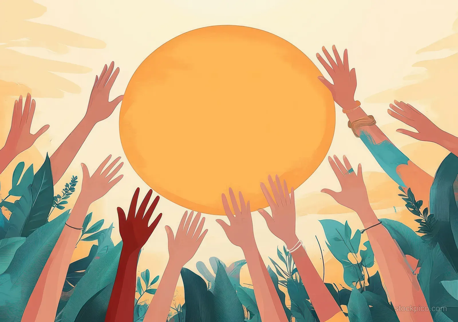Many diverse hands reach up around a central speech bubble with leafy shapes in the background.