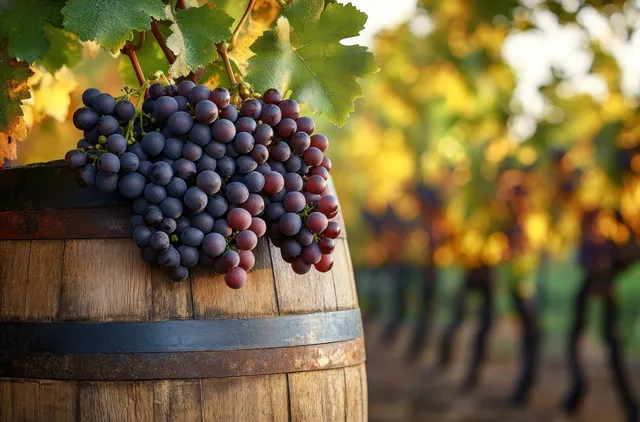 Ripe purple grapes hang over a rustic barrel in a sunlit vineyard with blurred rows and autumn leaves behind.