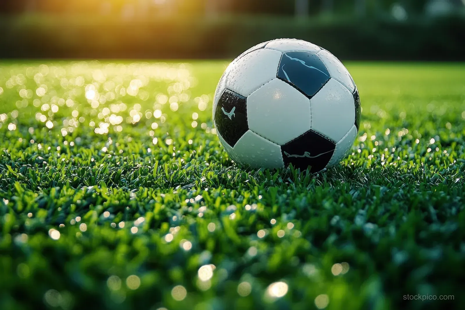 A soccer ball rests on vibrant artificial grass under soft afternoon sunlight with a blurred background.