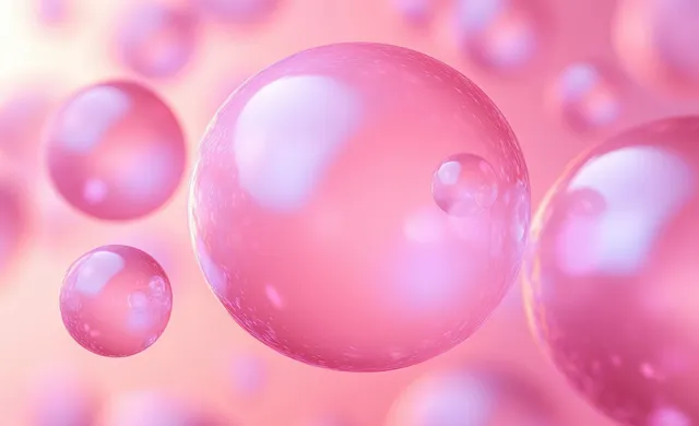 Translucent pink spheres float with soft light reflections over a blurred bubble-like background.