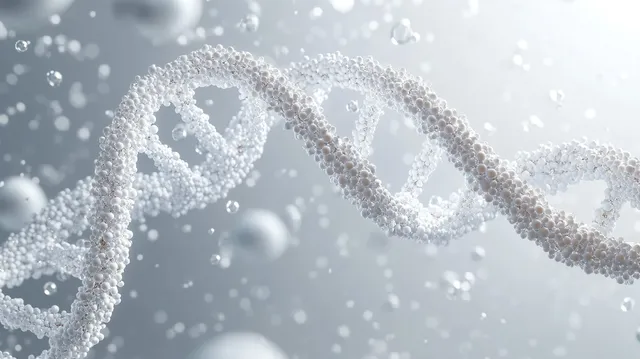 White 3D DNA double helix floating in light grey with soft particle bokeh