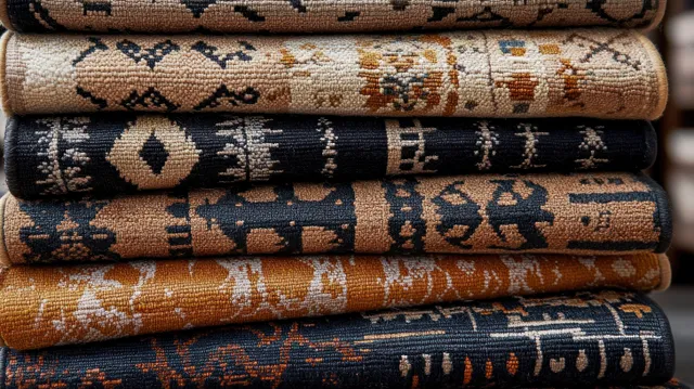 Folded woven textiles stacked in close-up, featuring geometric and tribal patterns in beige, black, brown, and orange.