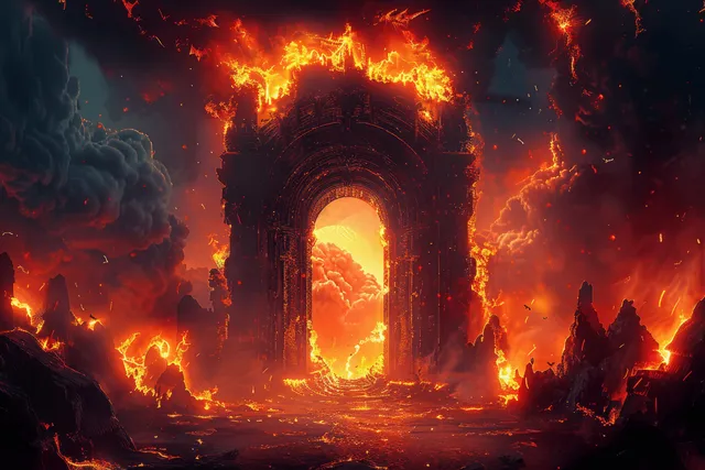 A glowing inferno burns behind a massive stone hell archway, with flames and smoky fire surrounding it.