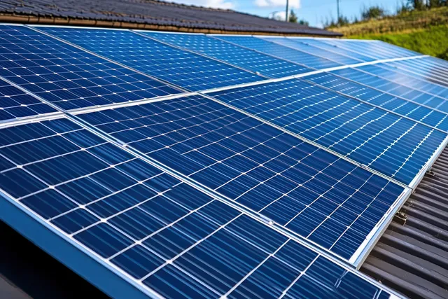 Blue solar panels mounted on a rooftop under clear daylight with green landscape in the background.