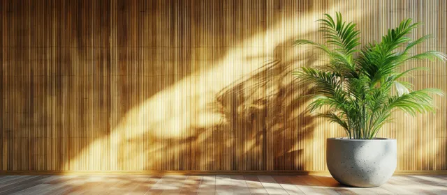 A green potted plant on a wooden floor casts a large curved shadow on a sunlit wooden panel wall.