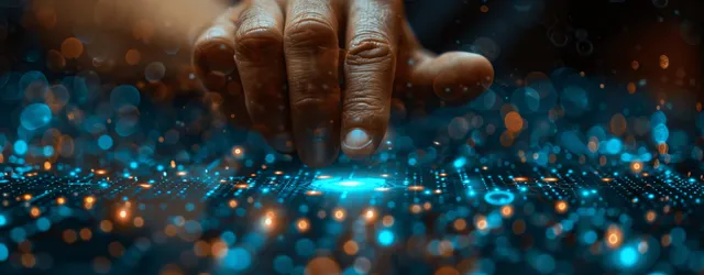 Businessman touching a glowing virtual screen with AI, big data, and cybersecurity network overlays