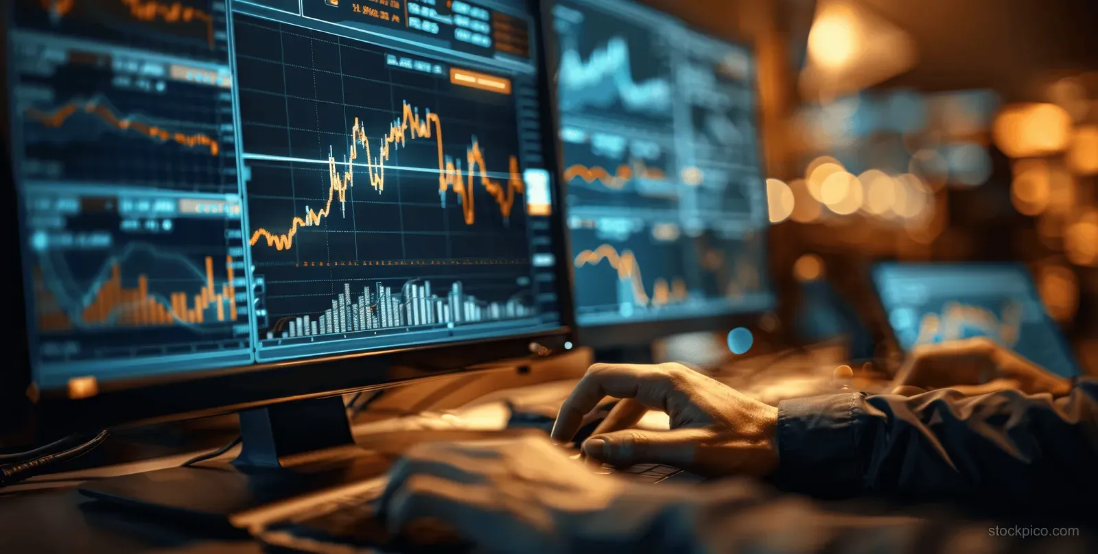 Analyst’s hand adjusts glowing stock chart indicators on a multi-monitor trading desk in a dim office.