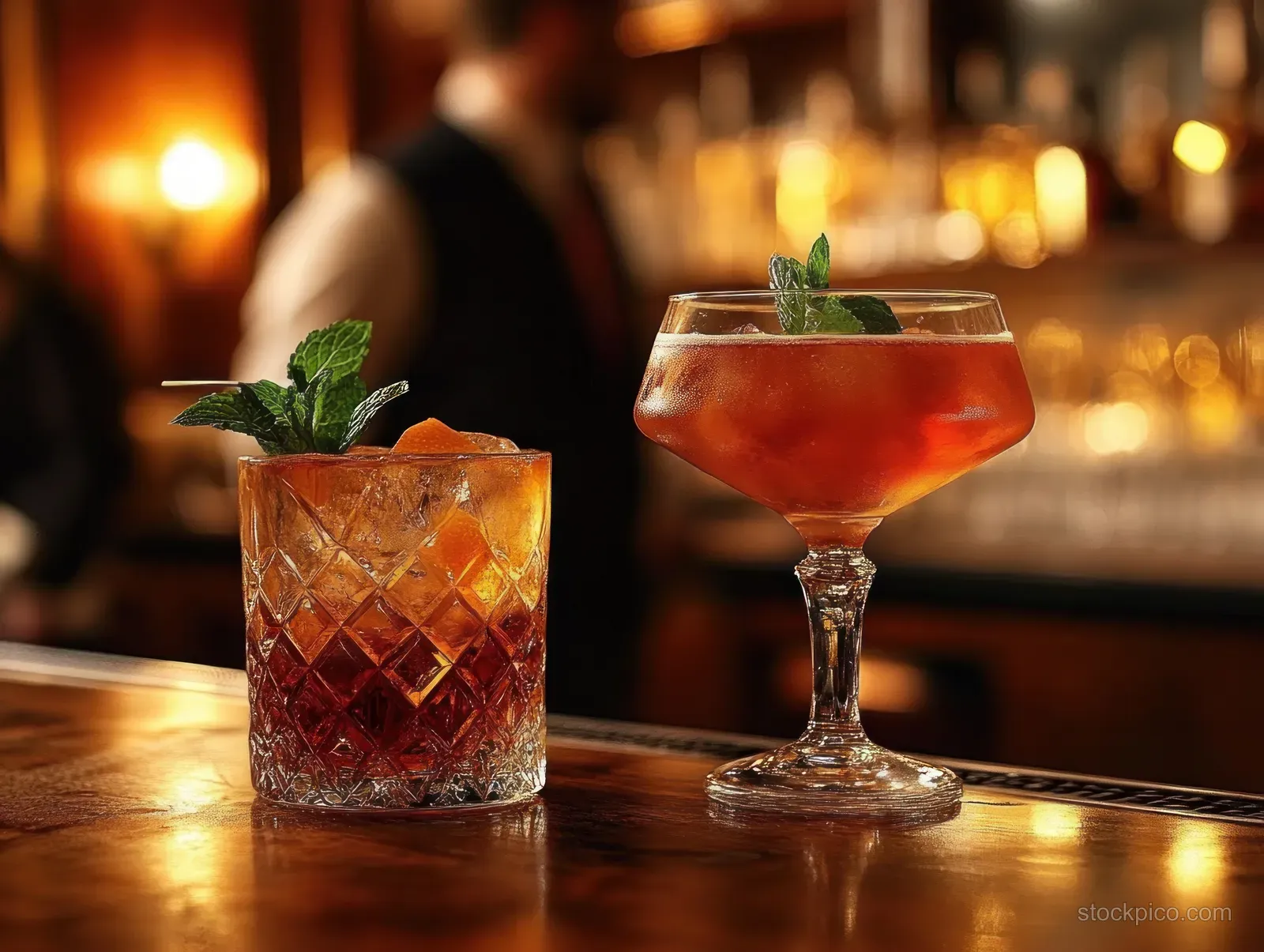 Two mint-garnished cocktails on a wooden bar with warm blurred lights and a bartender in the background.
