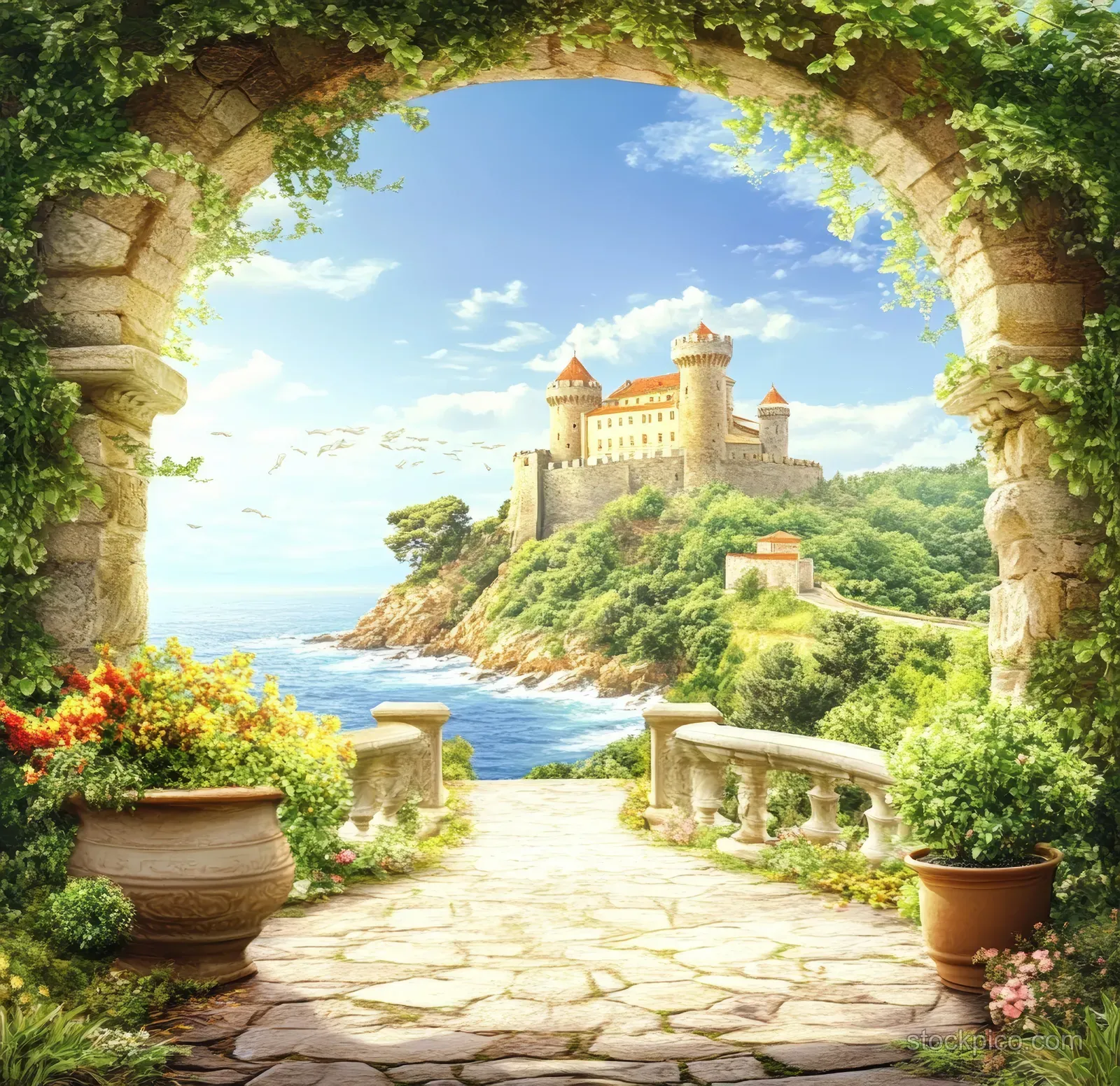 Ornate archway frames a seaside castle on a rocky coast with a flower-filled garden path and blue waves.