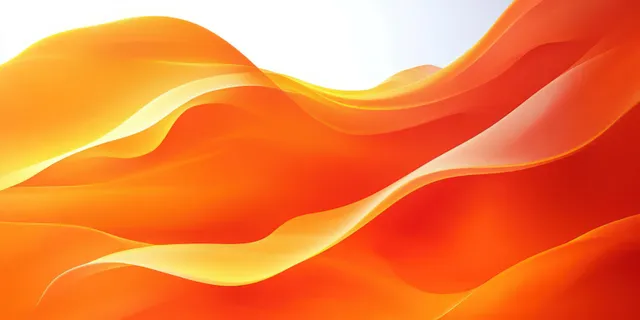 Translucent orange and yellow wave ribbons flow across a smooth gradient with glowing light reflections.