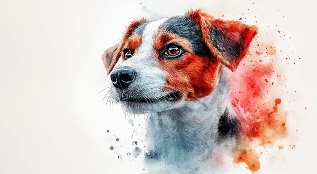 Jack Russell Terrier portrait with watercolor splashes and subtle pet-themed text space