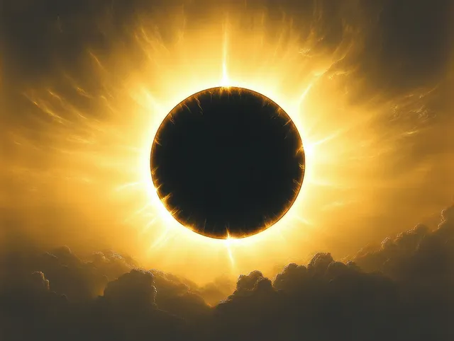 Solar eclipse with glowing corona and sun rays breaking through dark storm clouds.