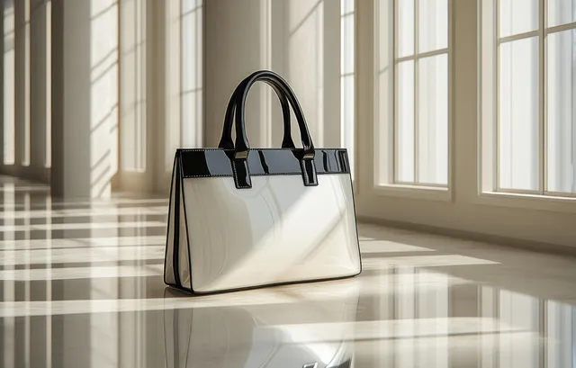 A black and white bread packaging bag mockup stands on a reflective floor with soft sunlight from tall windows.